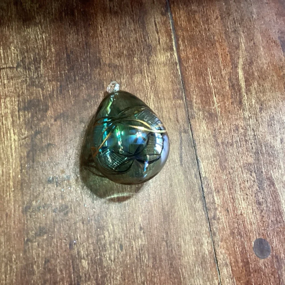 Christmas Ornament Hand Blown Glass Egg Shape Raised‎ Gold Designs Green Tint